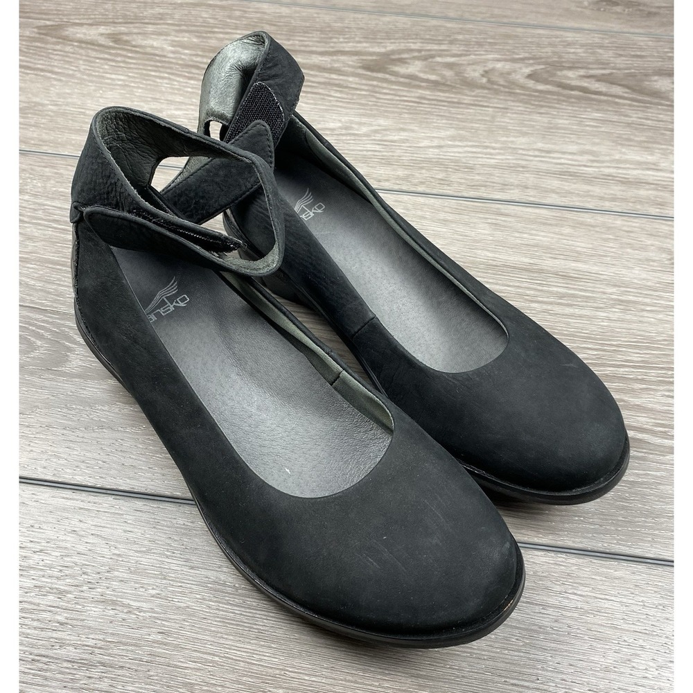 Dansko Womens Jenna Leather Wedge Heel Ballet Ankle Strap Comfort Shoes Black 37